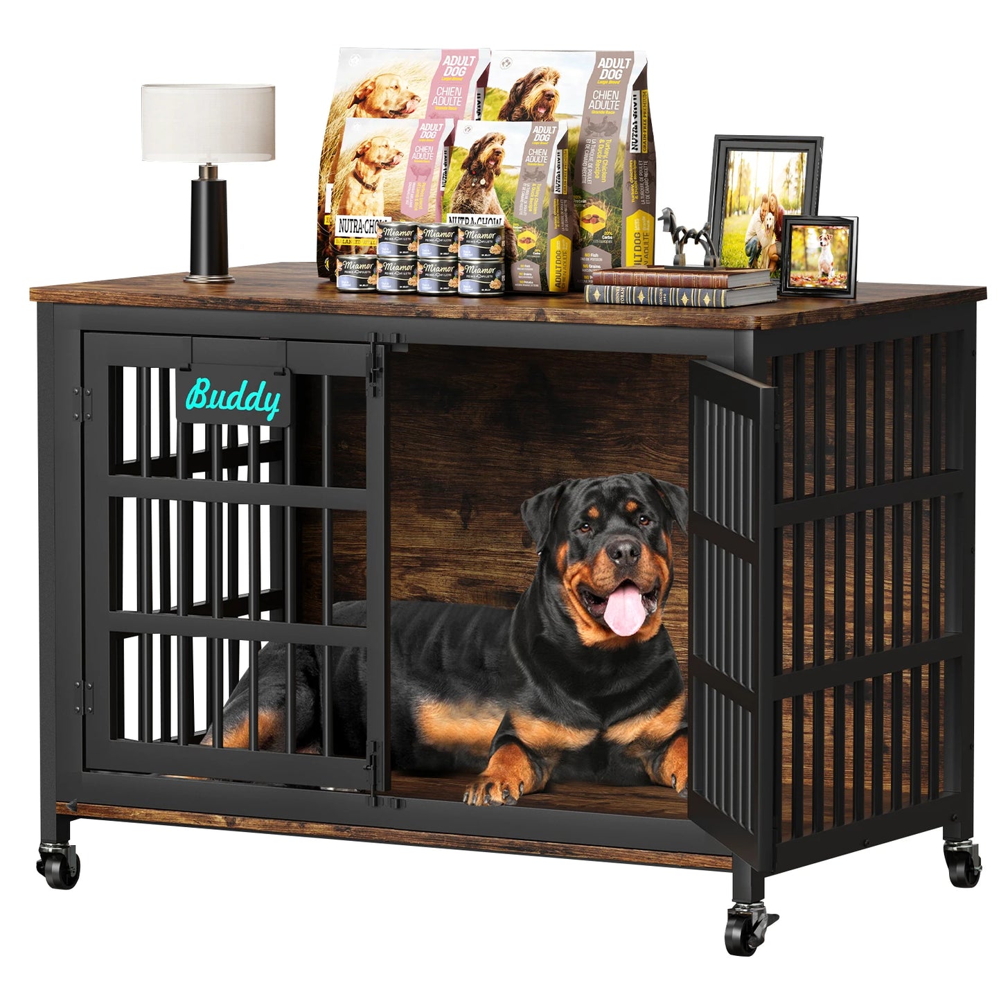 Heavy Duty Dog Crate Furniture With Casters For Large Dogs