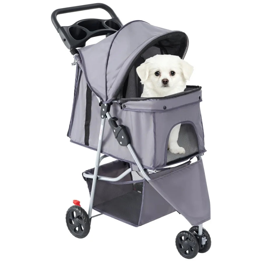 Three-Wheel Pet Stroller With Storage Basket And Cup Holder