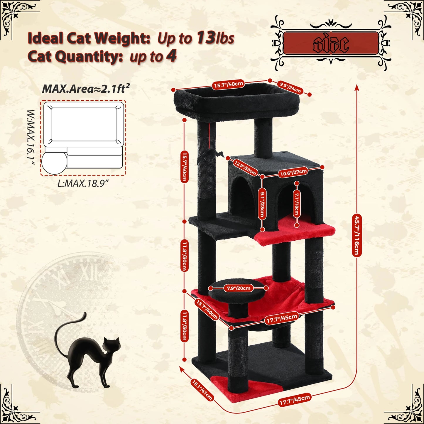 PAWZ Road Gothic Cat Tree For Indoor Cats With Hammock And Sisal Scratching Post