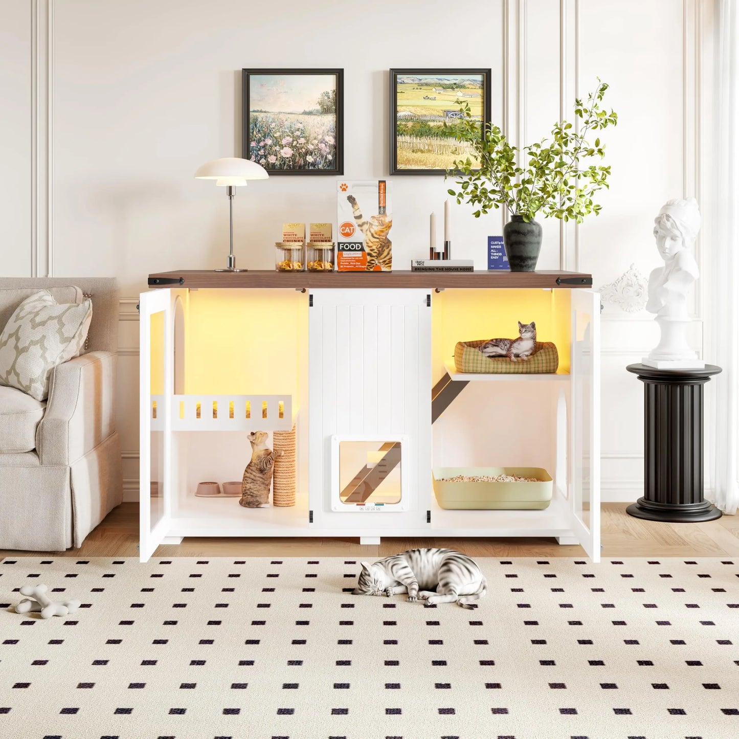 Cat House Litter Box Enclosure LED Light And Stairs