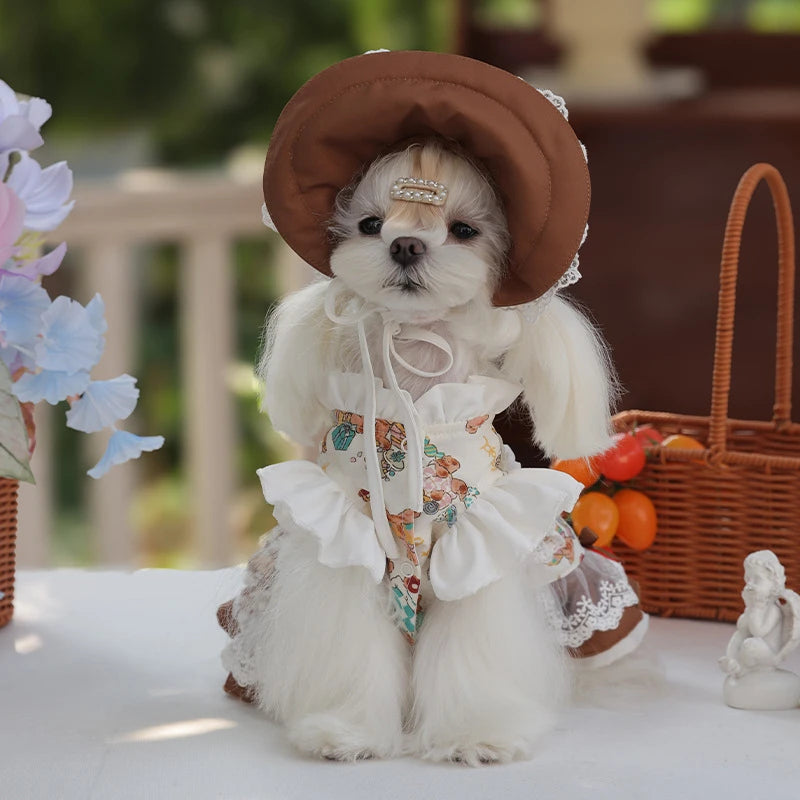 Dog Lace Dress And Maid Hat Set For Small Dogs Autumn Winter