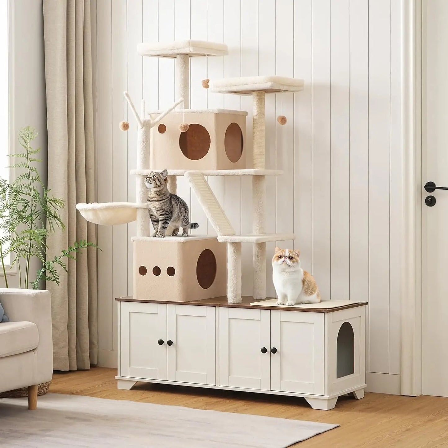 Double Litter Box Enclosure Cat Tree Bed