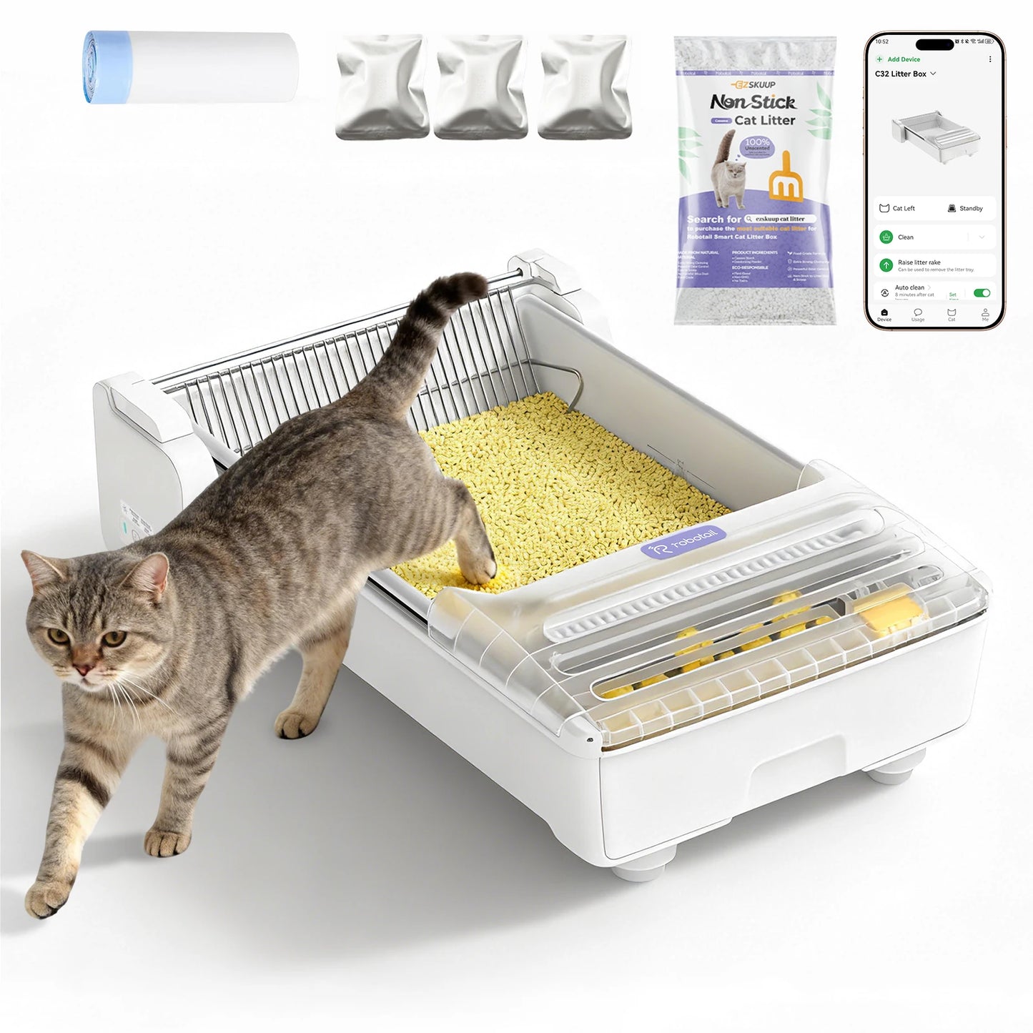Robotail Fully-Open Self-Cleaning Cat Litter Box, XL Automatic Tray with App Control & Health Monitor, 20 Liners Safety Sensors/App Control