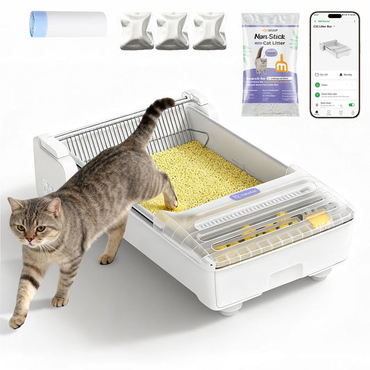 Robotail Fully-Open Self-Cleaning Cat Litter Box, XL Automatic Tray with App Control & Health Monitor, 20 Liners Safety Sensors/App Control