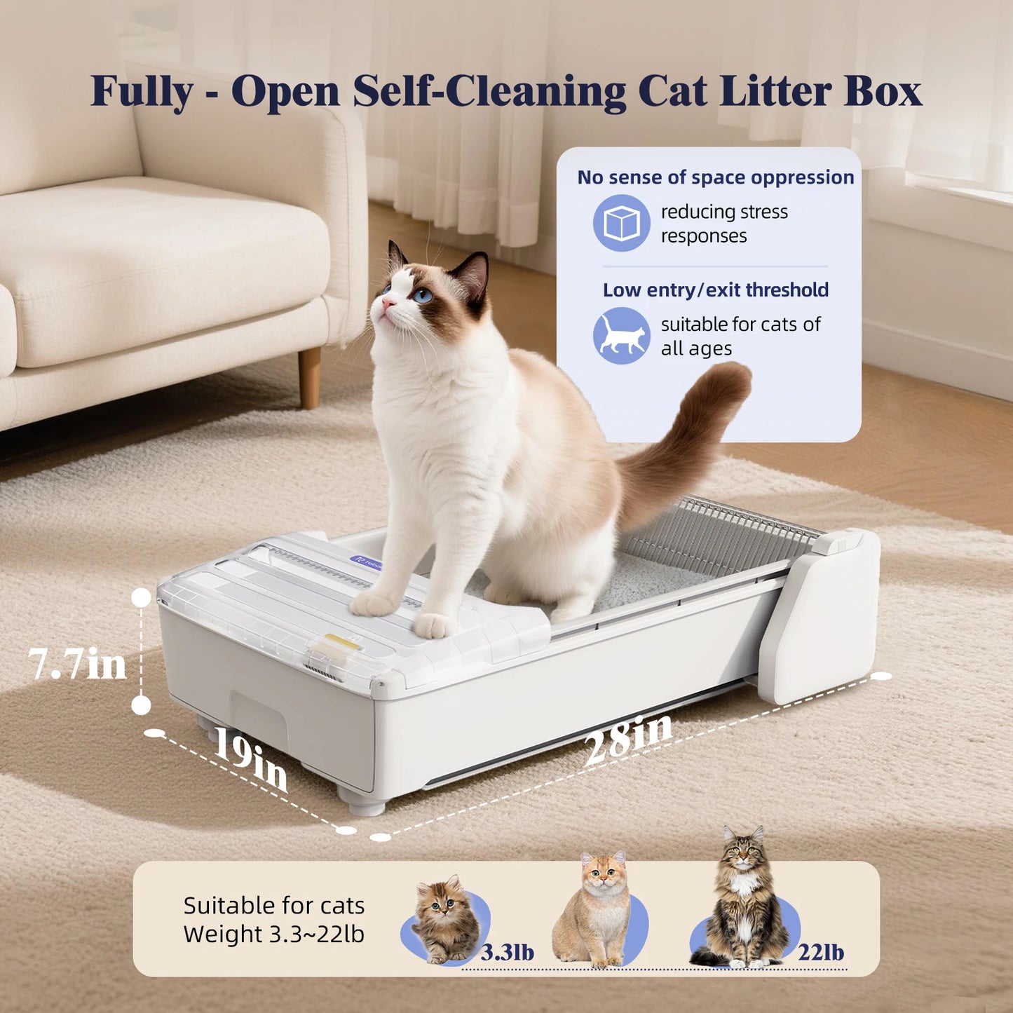 Robotail Fully-Open Self-Cleaning Cat Litter Box, XL Automatic Tray with App Control & Health Monitor, 20 Liners Safety Sensors/App Control
