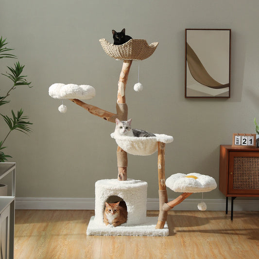 PEQULTICN Solid Wood Cat Tree With Multi Tier Condo Perches