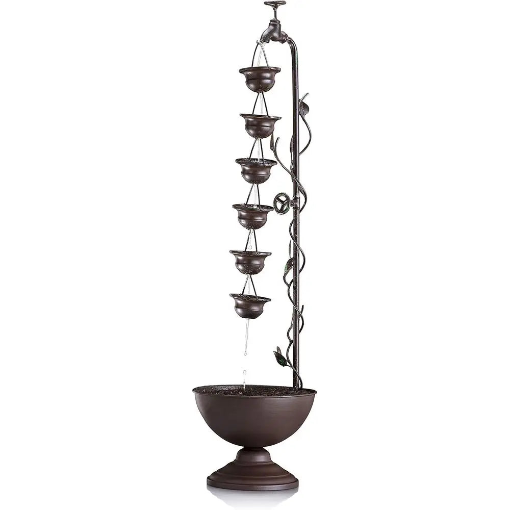 MAZ254 Outdoor loor Tiered Vintage Water ountain w/ 6 Hanging Cups, Soothing Tier Waterall, 38", Bronze