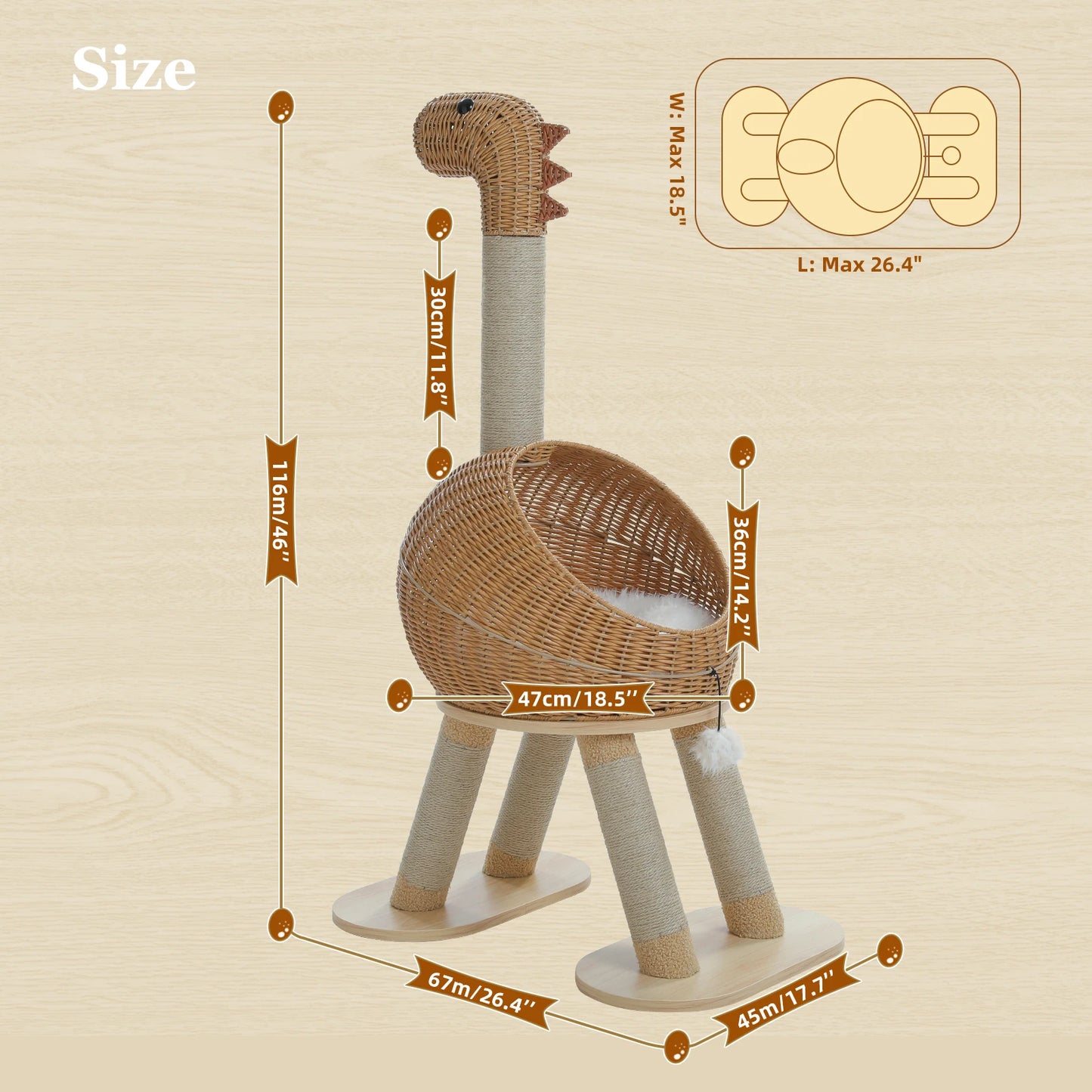 PAWZ Road Dinosaur Cat Tree Tower With Sisal Scratching Post Rattan Cat Condo