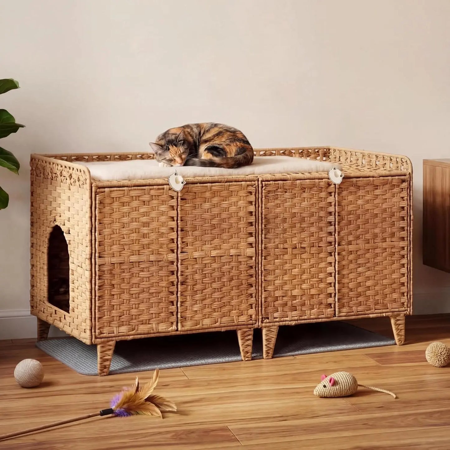 HiMISS Hidden Litter Box Enclosure Handwoven Rattan Cat Furniture