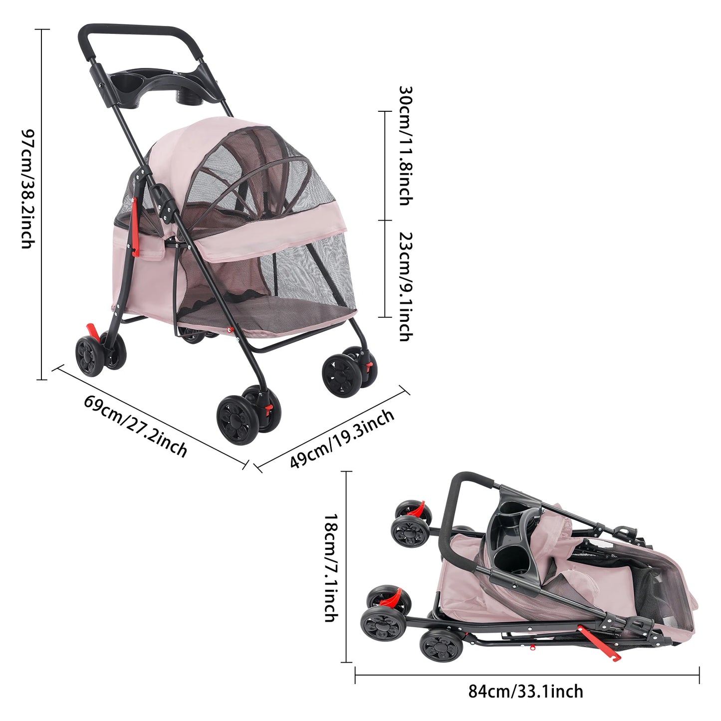 Foldable Pet Cart Carbon Steel Oxford Cloth 360 Front Wheels