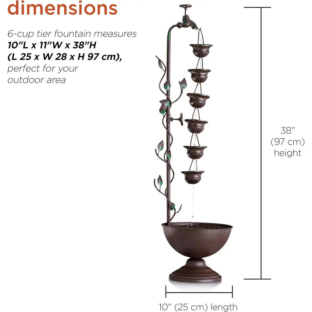 MAZ254 Outdoor loor Tiered Vintage Water ountain w/ 6 Hanging Cups, Soothing Tier Waterall, 38", Bronze