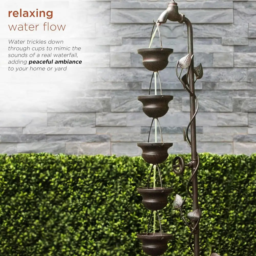 MAZ254 Outdoor loor Tiered Vintage Water ountain w/ 6 Hanging Cups, Soothing Tier Waterall, 38", Bronze