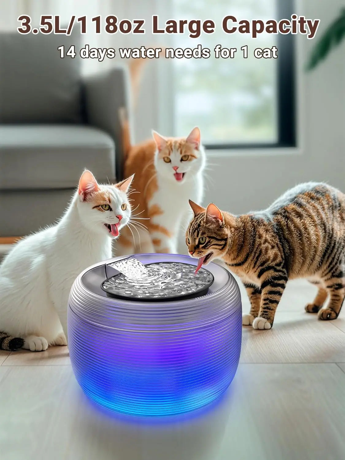 3.5L Quiet Cat Water Fountain with LED Light, Large Capacity Pet Fountain for Cats and Dogs, Easy Cleaning