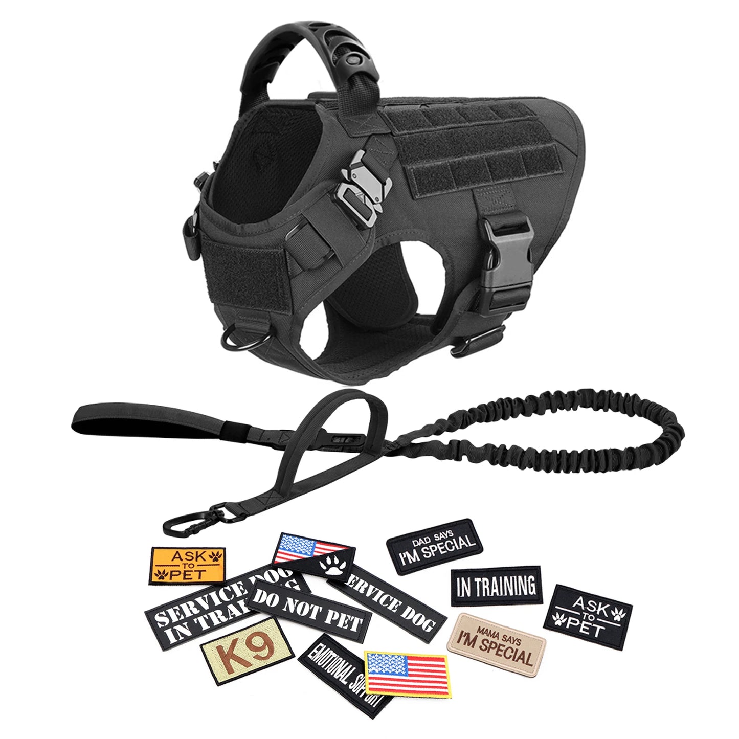 Military Large Dog Harness Collar Leash Bags Patches Set Pet Malinois Training Vests Tactical Dogs Harnesses Accessories