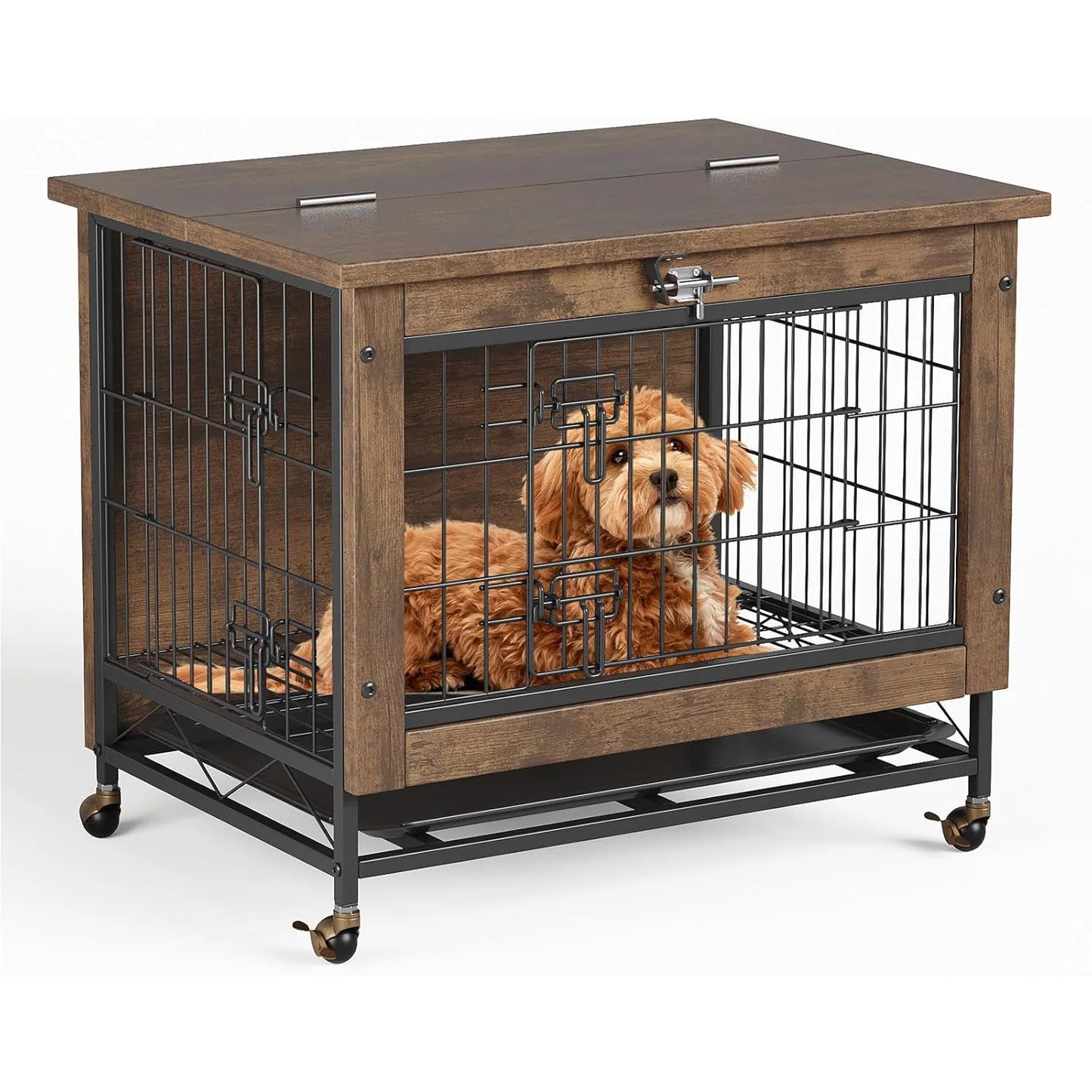 HiMISS Rustic Dog Crate Furniture With Wheels Metal Wood Kennel