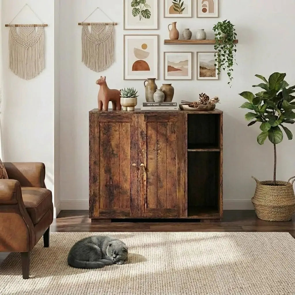 HiMISSCN Cat Litter Box Enclosure Cabinet With Built In Outlet