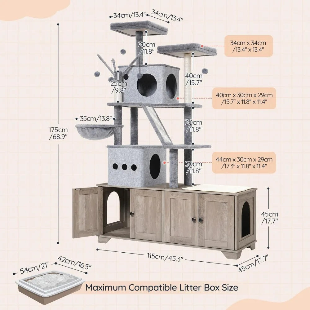Double Litter Box Enclosure Cat Tree Bed