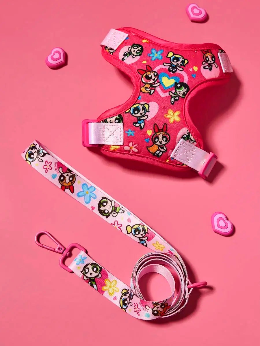 Cartoon Printed Pet Harness Leash Set For Cats And Dogs