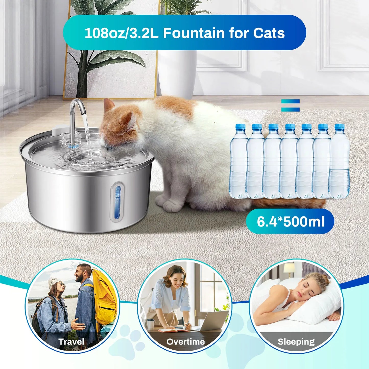 Cat Water Fountain Stainless Steel With Ultra Quiet Pump Filtration