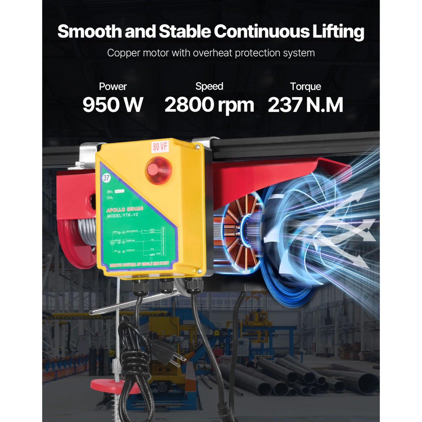 SucceBuy 1320/1760/2200LBS Electric Cable Hoist Winch with Wireless Remote Control & Emergency Stop for Garage Warehouse Lifting