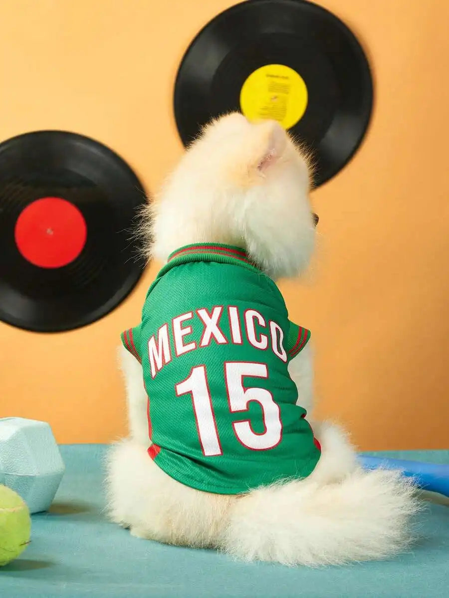 Mexican National Team Style Pet Jersey, Size 15, Striped With English Number Print, Contrast Color Collar And Ribbed Cuffs
