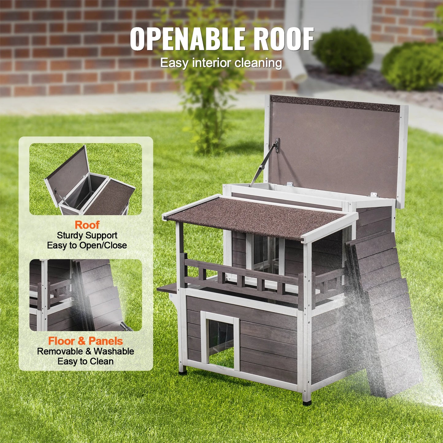 SucceBuy Outdoor Cat House Weatherproof 2-Story Wooden Shelter With Balcony