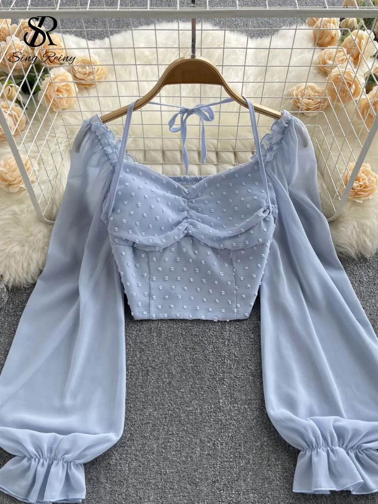 Polka Dot Folds Short Blouse Summer Slash Neck Long Sleeve Women Tie Halter Elastic Waist Fashion French Beach Top