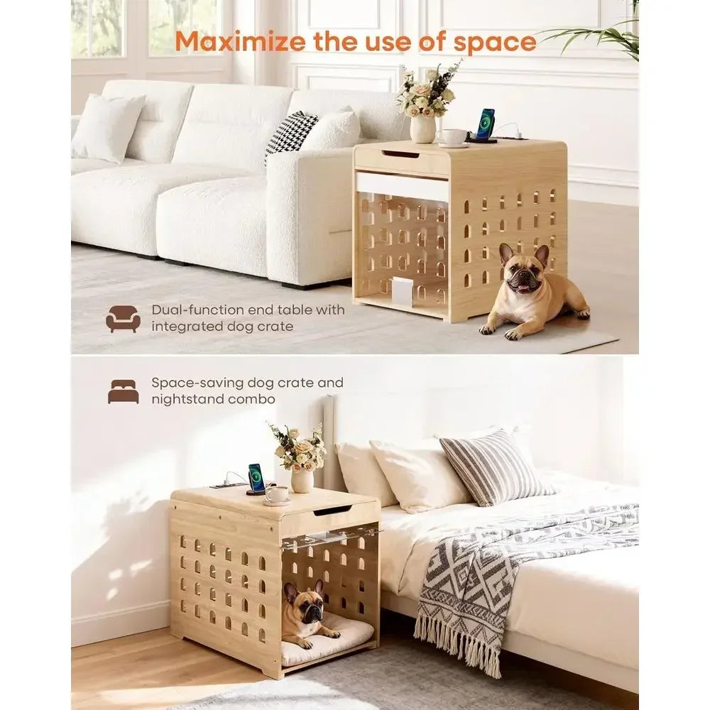 Oak Pet Crate Furniture With Charging Station And Acrylic Door