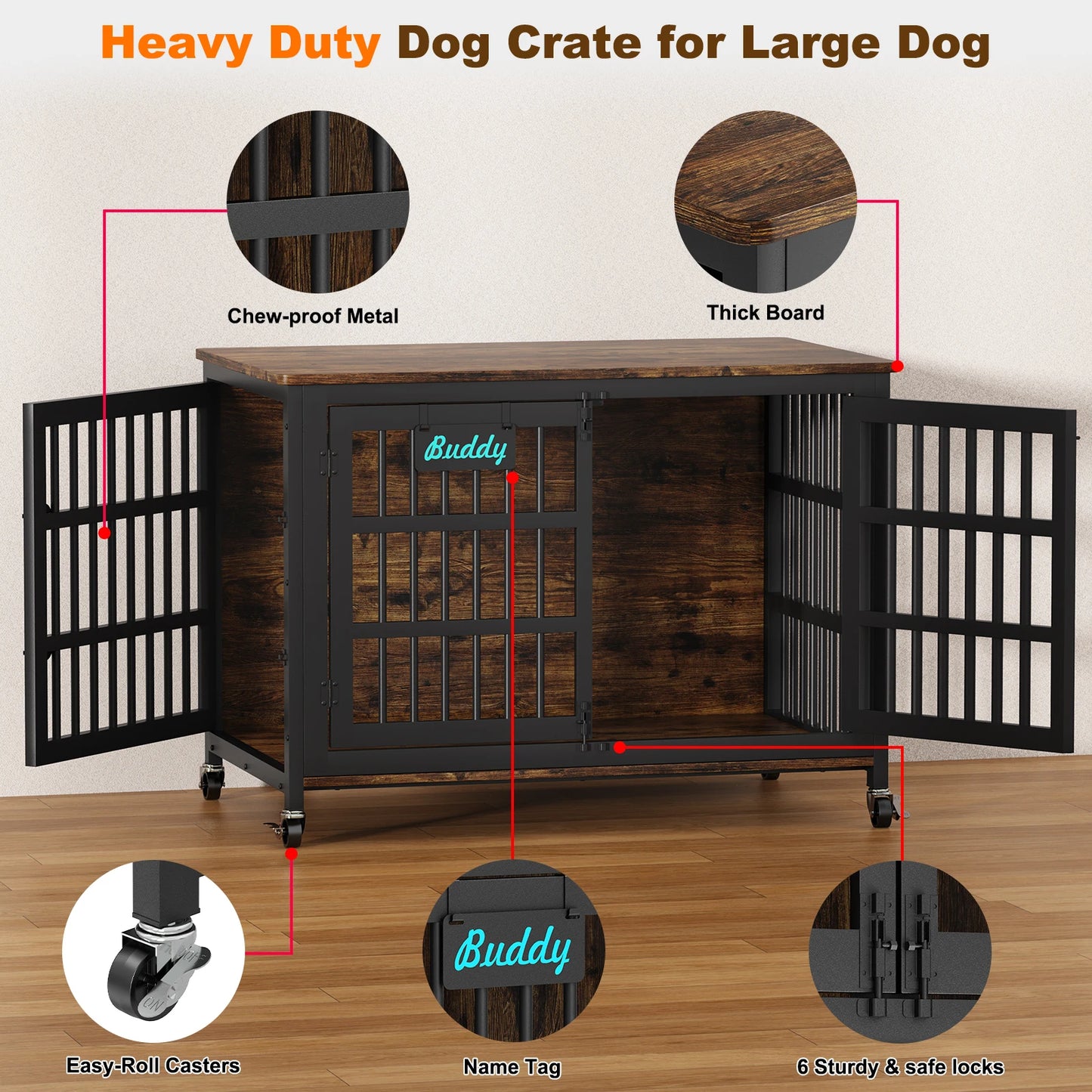 Heavy Duty Dog Crate Furniture With Casters For Large Dogs