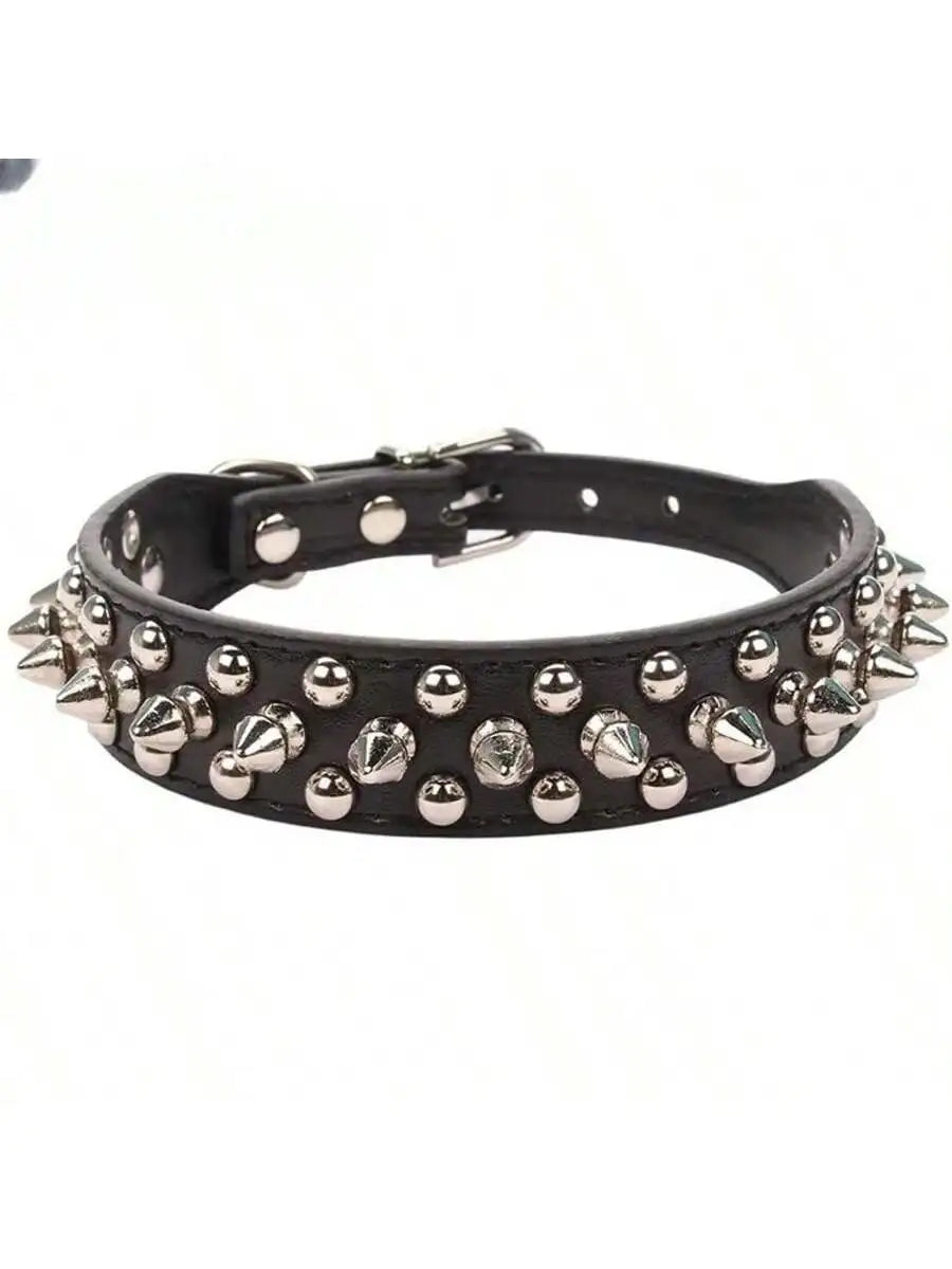 Adjustable Leather Dog Collar With Rivet Spikes And Buckle