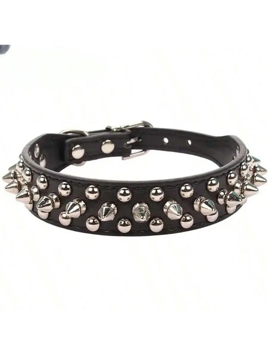 Adjustable Leather Dog Collar With Rivet Spikes And Buckle