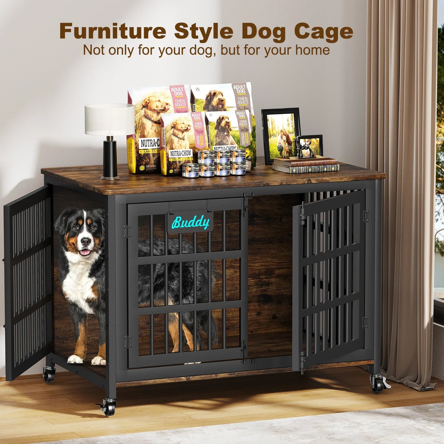 Heavy Duty Dog Crate Furniture With Casters For Large Dogs