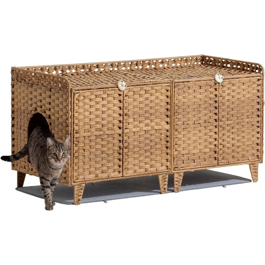 HiMISS Hidden Litter Box Enclosure Handwoven Rattan Cat Furniture
