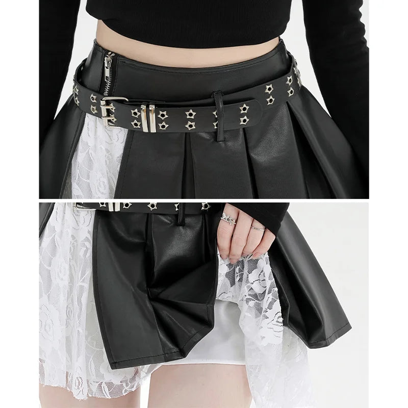 Women's Black Gothic Spliced Lace Edge A-line Mini Skirt Y2K Harajuku 2000s Style Academy Retro Cute Short Skirt Clothing 2024