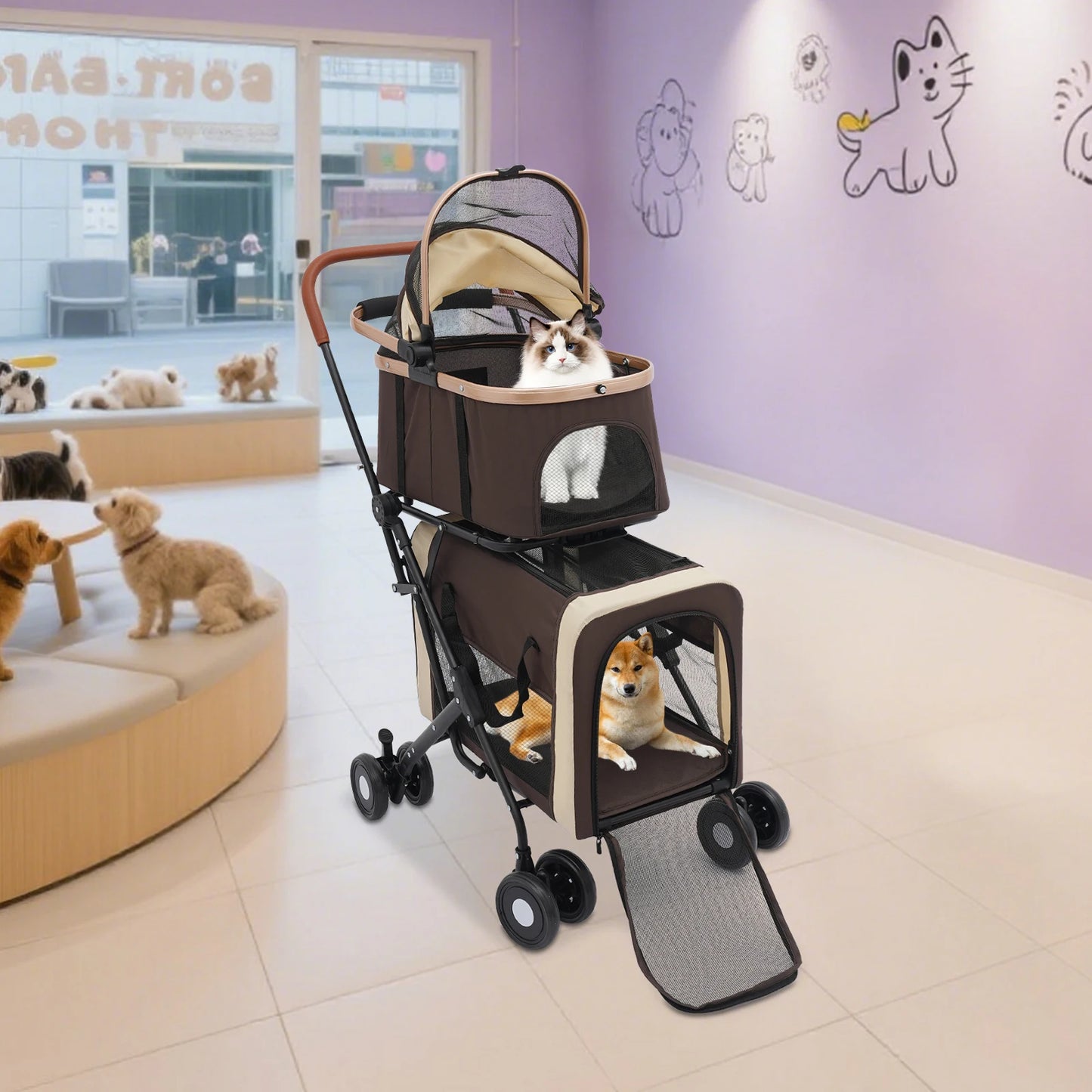 Bymaocar Foldable Pet Stroller For Small And Medium Dogs 2 Tiers 35kg