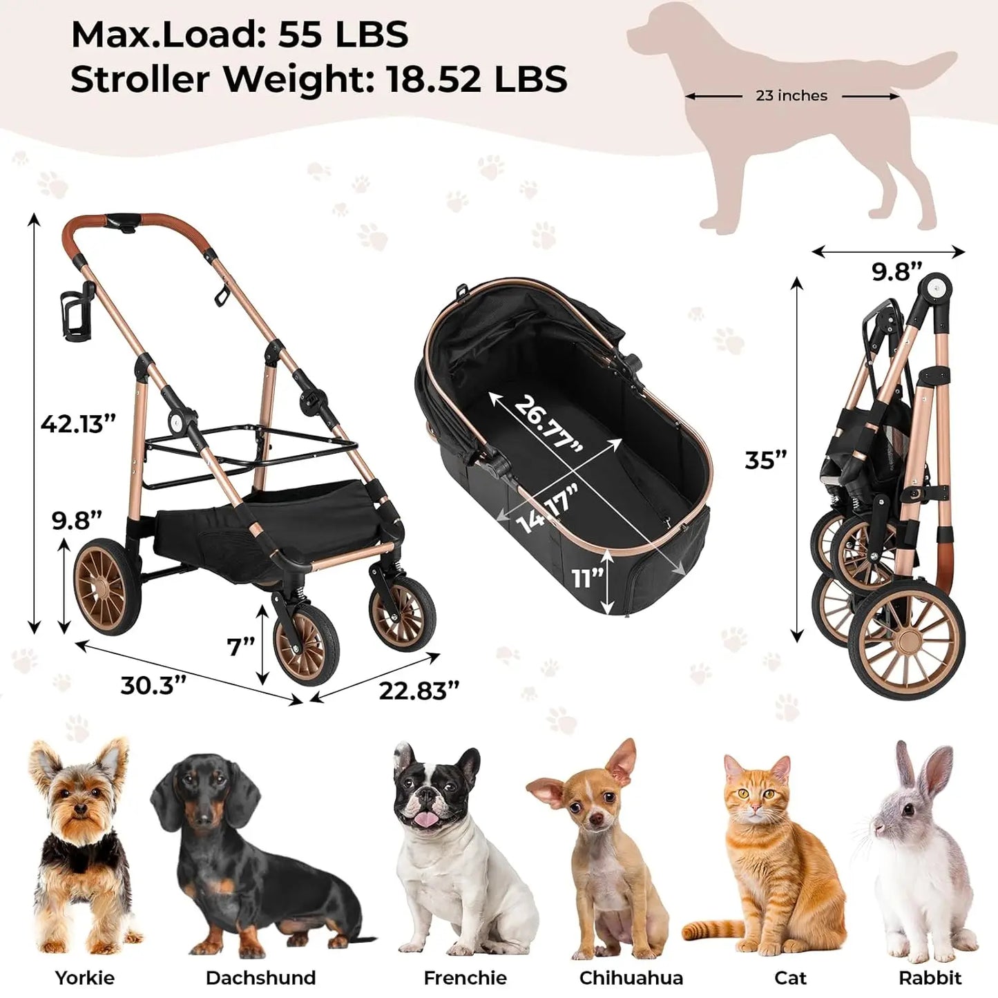 360 High Wheels Foldable Pet Stroller for Cats and Dogs