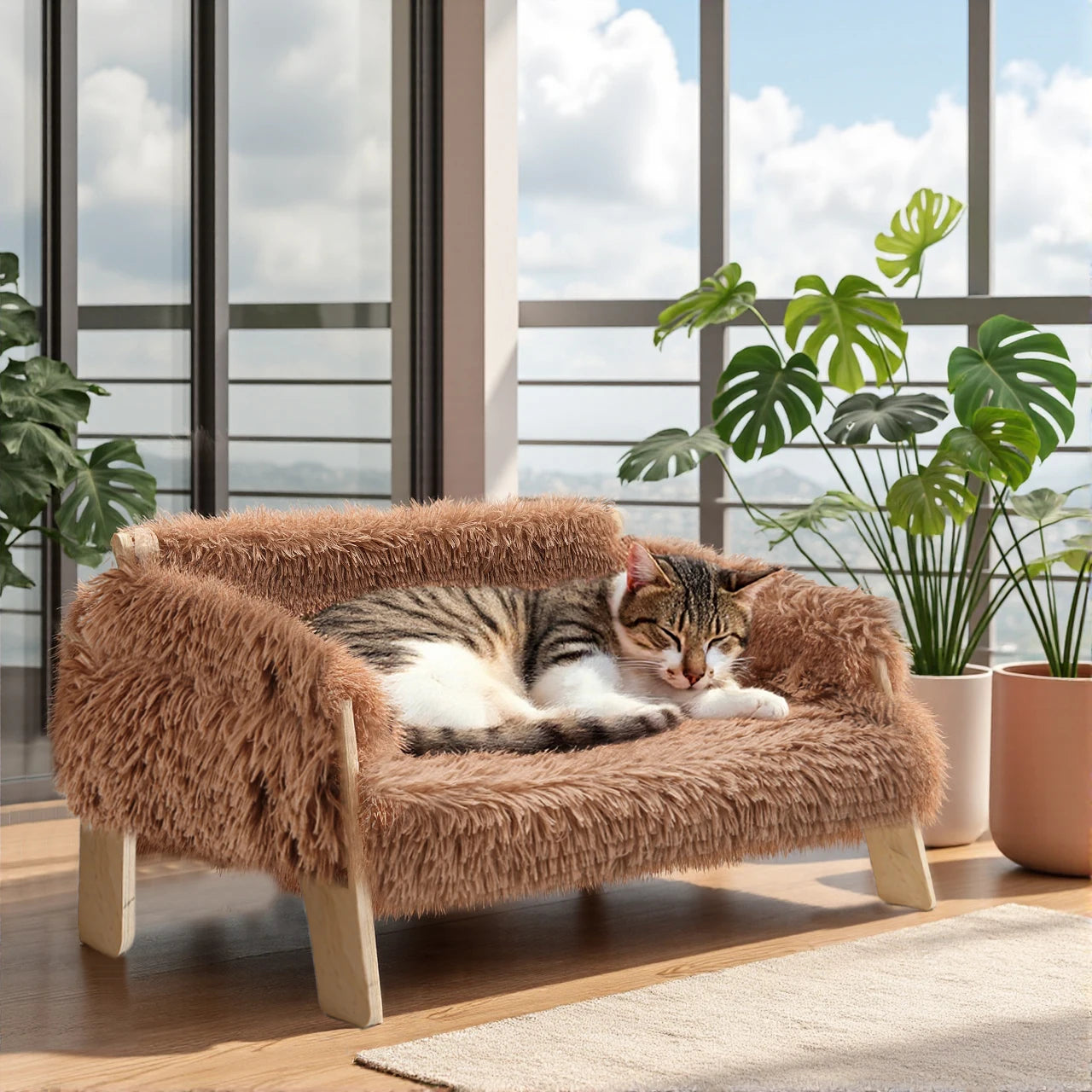 Wooden Leg Raised Cat Sofa Bed With Plush Cushion For Indoor Cats
