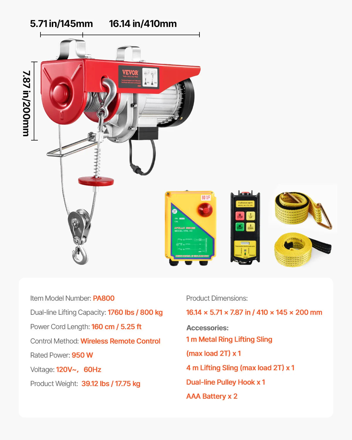 SucceBuy 1320/1760/2200LBS Electric Cable Hoist Winch with Wireless Remote Control & Emergency Stop for Garage Warehouse Lifting