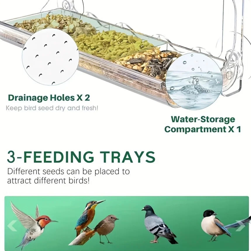 Indestructible Window Bird Feeder With Removable Seed Tray Suction Cups