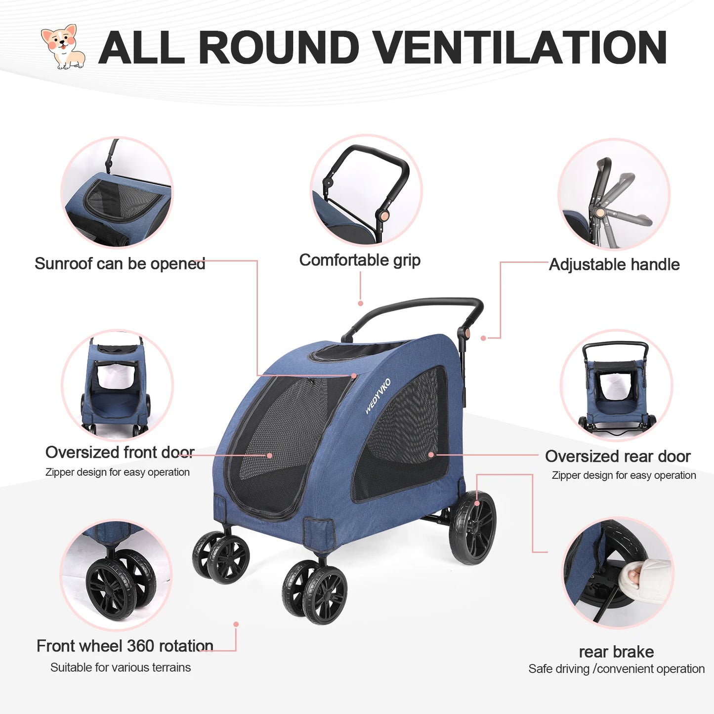 Heavy Duty Dog Stroller Foldable Wagon With 360 Degree Wheels
