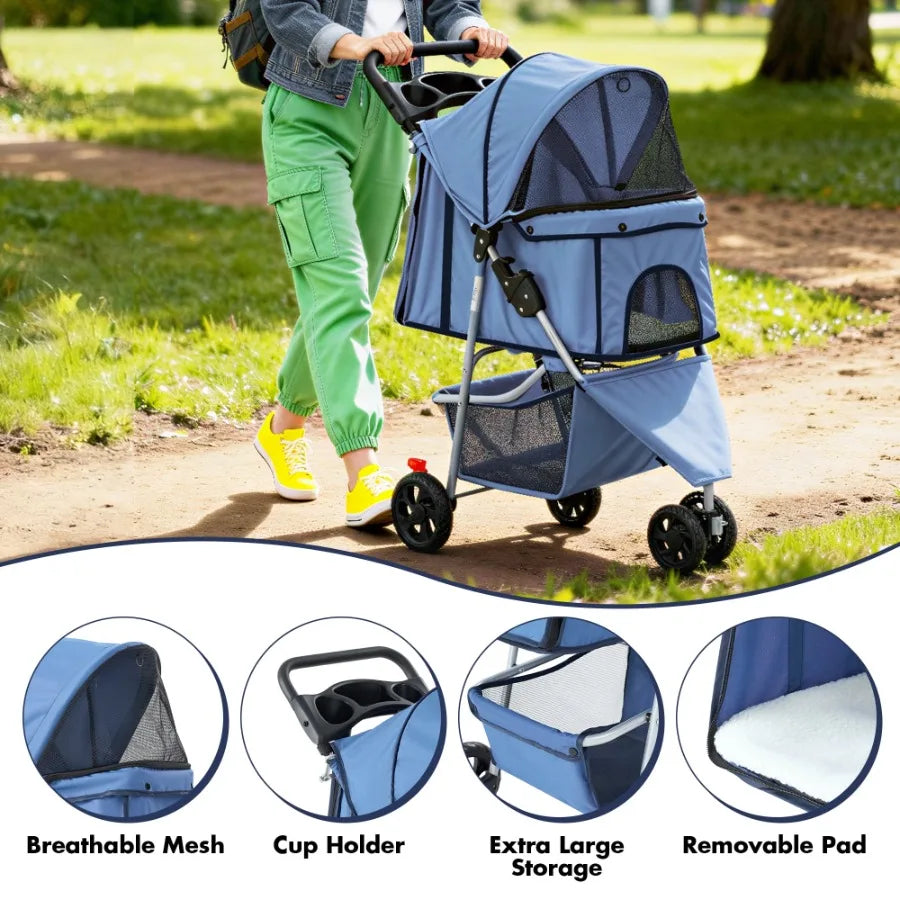 Three-Wheel Pet Stroller With Storage Basket And Cup Holder