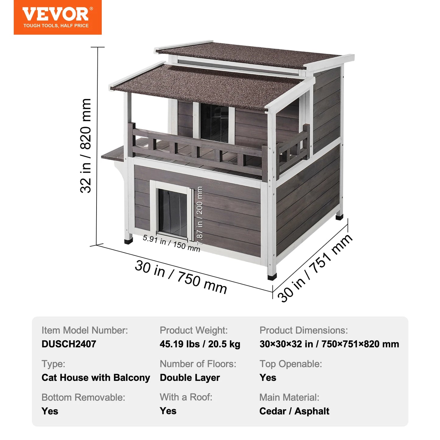 SucceBuy Outdoor Cat House Weatherproof 2-Story Wooden Shelter With Balcony