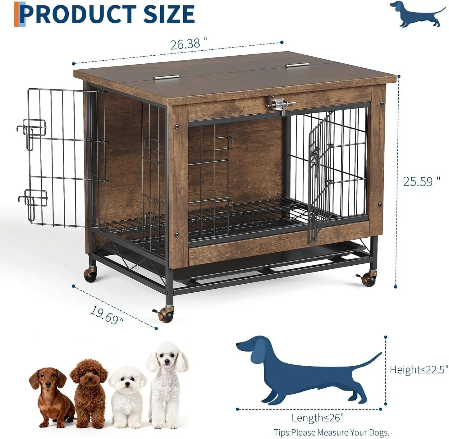 HiMISS Rustic Dog Crate Furniture With Wheels Metal Wood Kennel