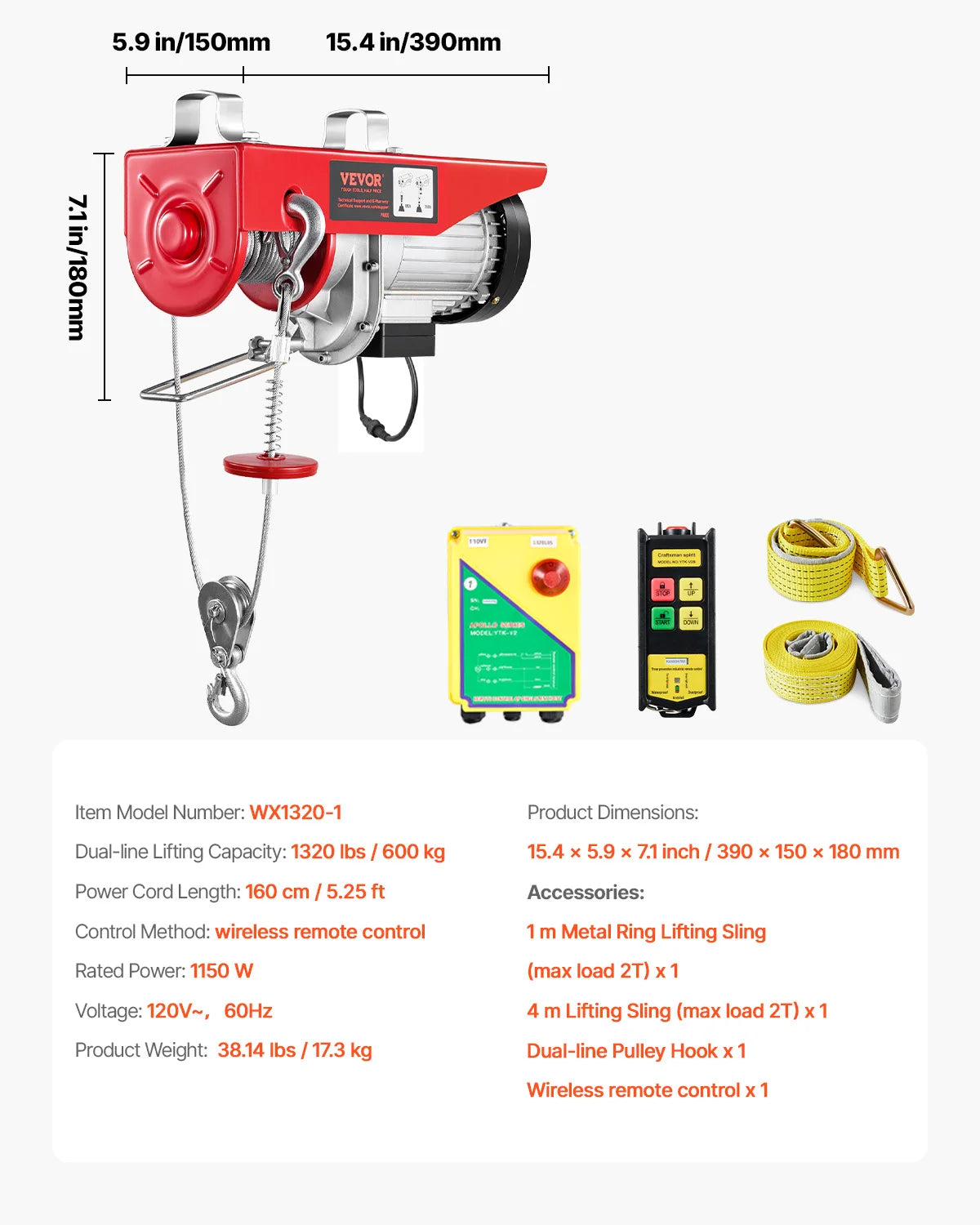 SucceBuy 1320/1760/2200LBS Electric Cable Hoist Winch with Wireless Remote Control & Emergency Stop for Garage Warehouse Lifting