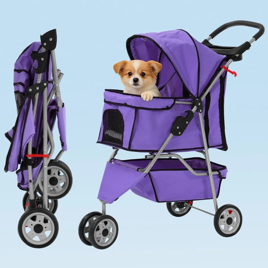 Three Wheel Folding Pet Stroller With Cup Holder And Storage