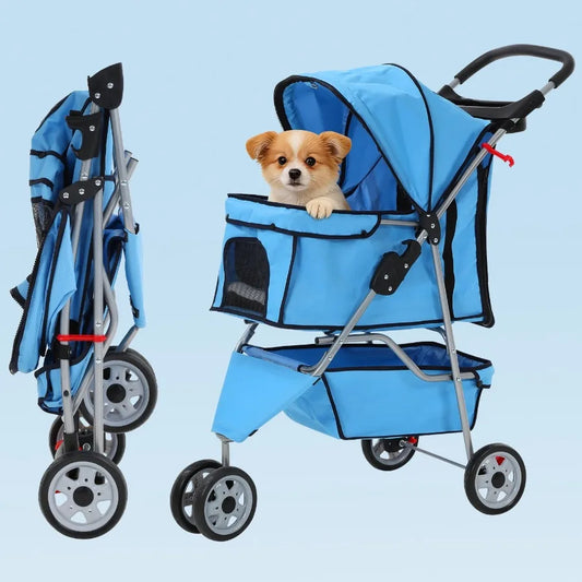 Three Wheel Folding Pet Stroller With Cup Holder And Storage
