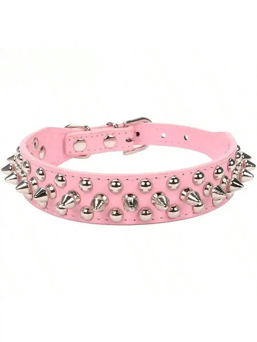 Adjustable Leather Dog Collar With Rivet Spikes And Buckle