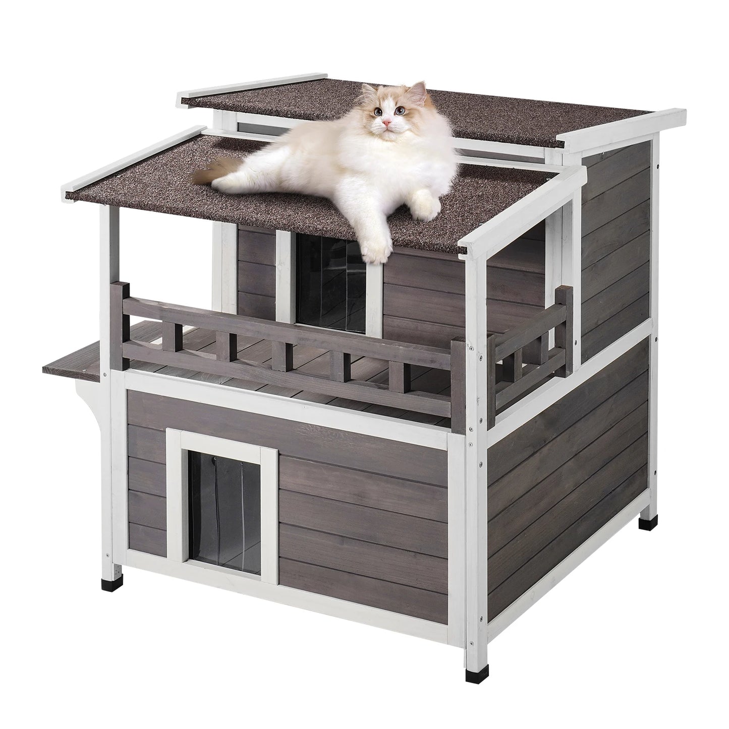 SucceBuy Outdoor Cat House Weatherproof 2-Story Wooden Shelter With Balcony