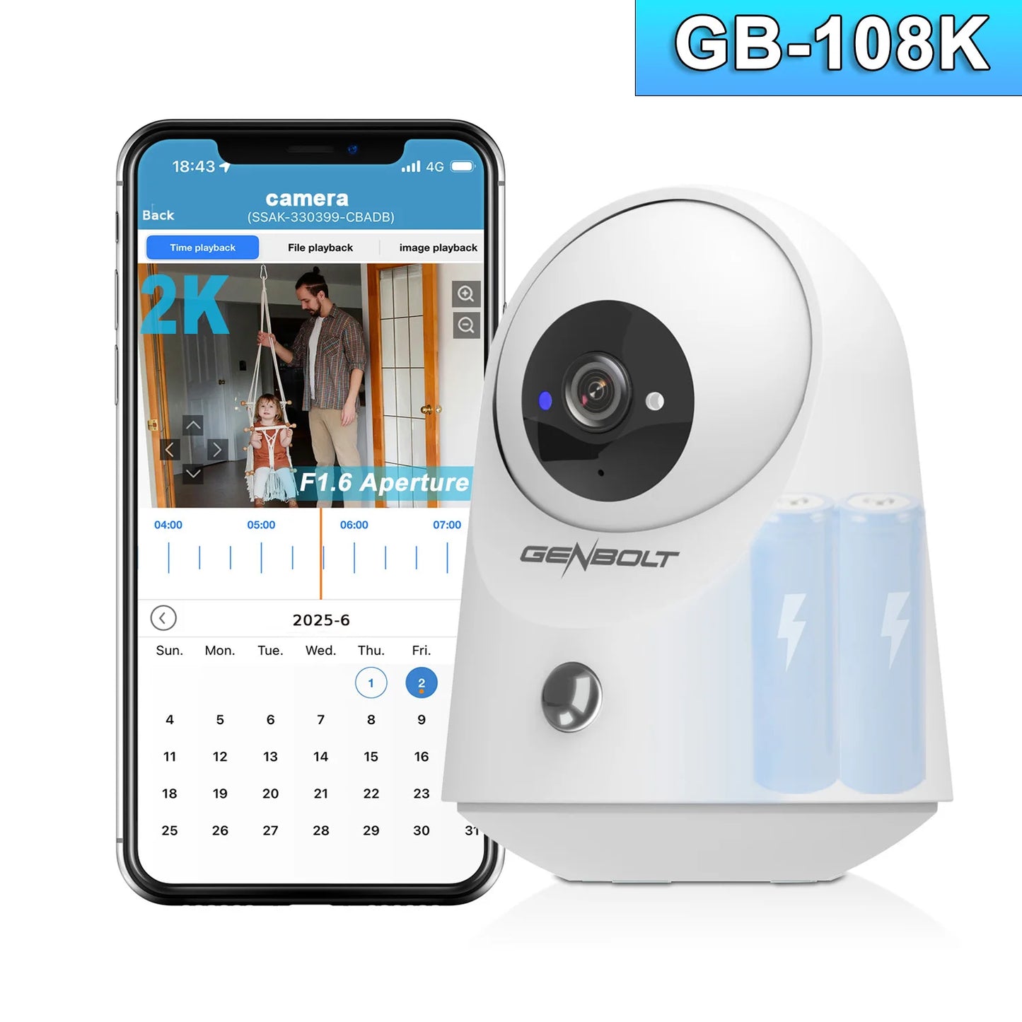 GENBOLT 5000mAh Battery 2K Security Camera, WiFi Indoor Pan Tilt PIR Motion Detection, for Home Baby Nanny Pet Monitoring