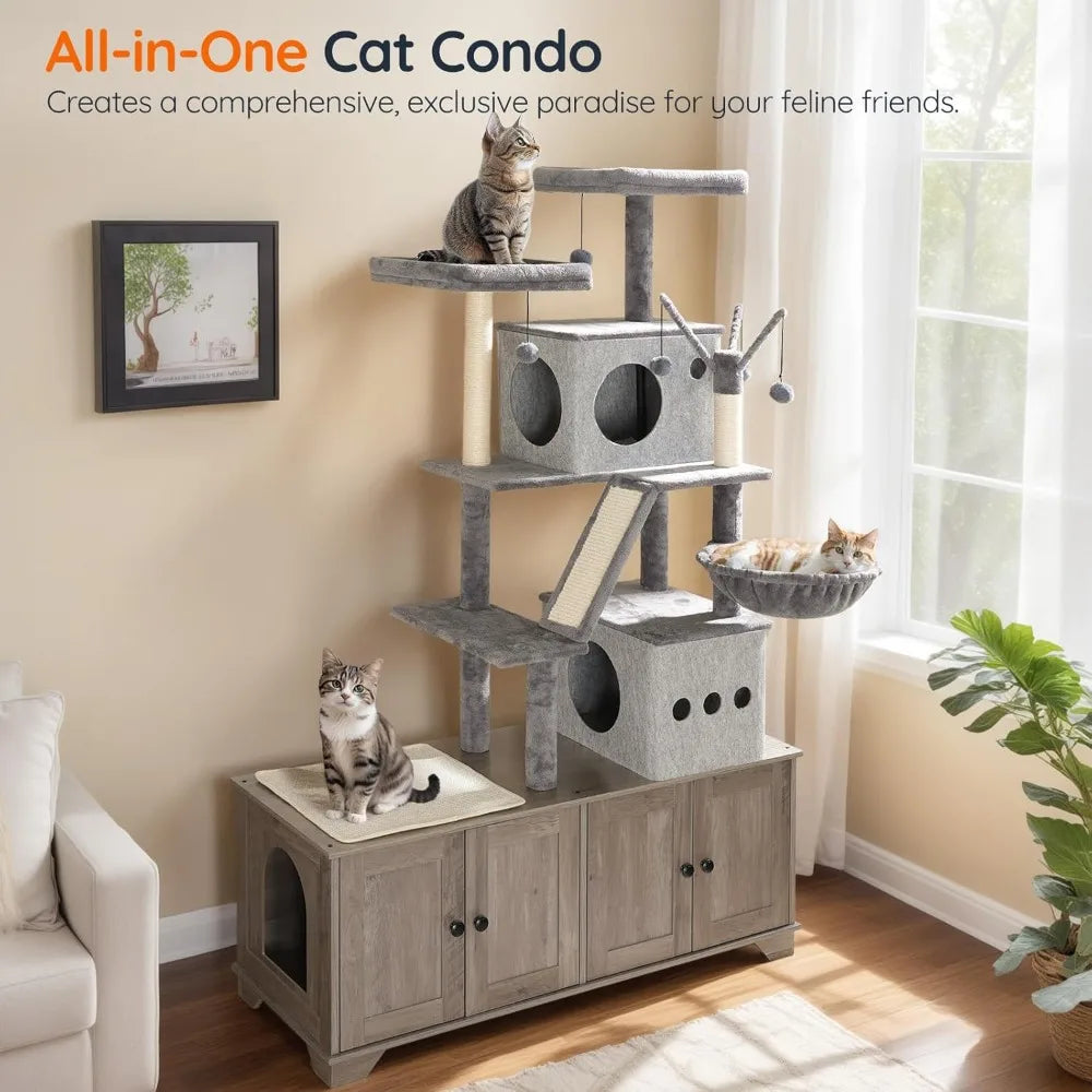 Double Litter Box Enclosure Cat Tree Bed